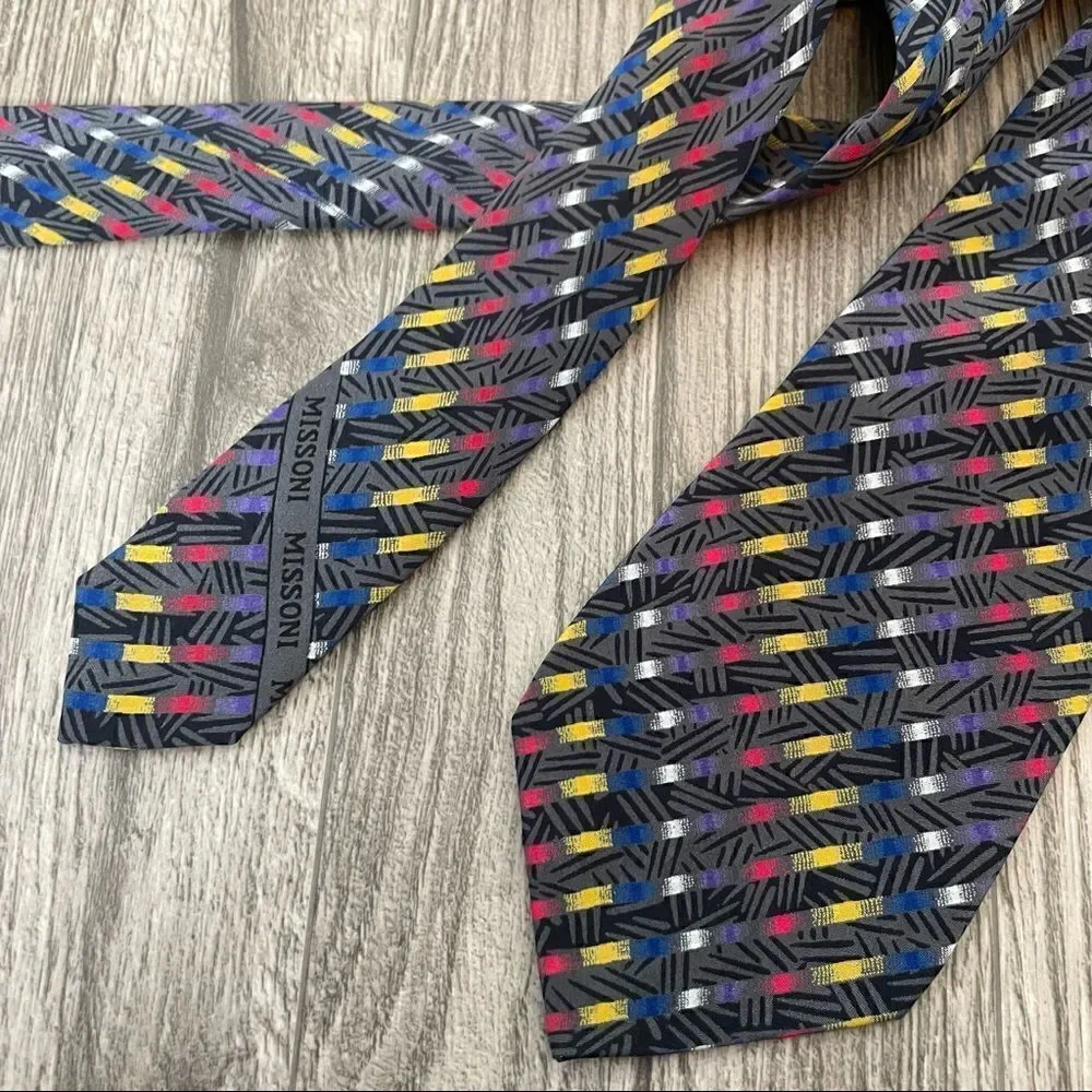 Missoni Vintage Blue Yellow Red Allover Pattern Silk Tie